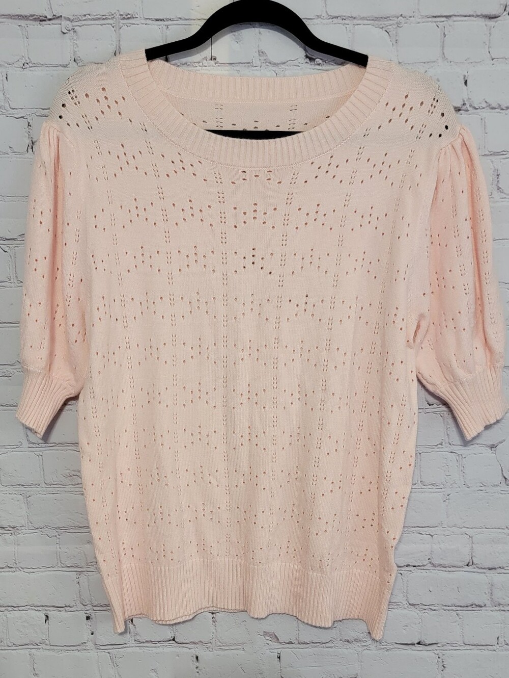 Light Pink Eyelet Knit Puff Sleeve Sweater XL